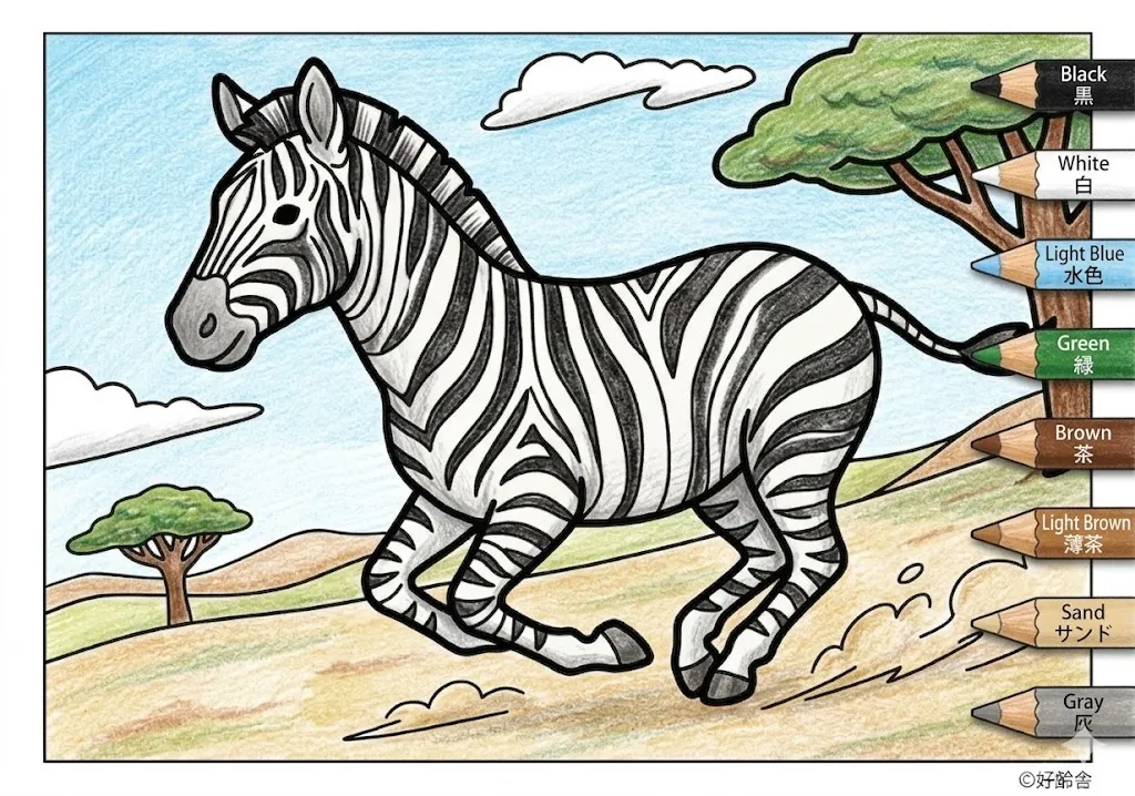 シマウマの塗り絵 完成見本（彩色の見本）
