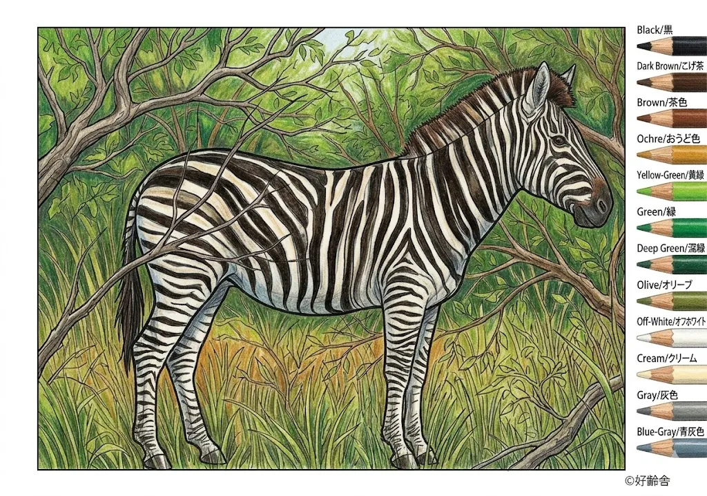 シマウマの塗り絵 完成見本（彩色の見本）