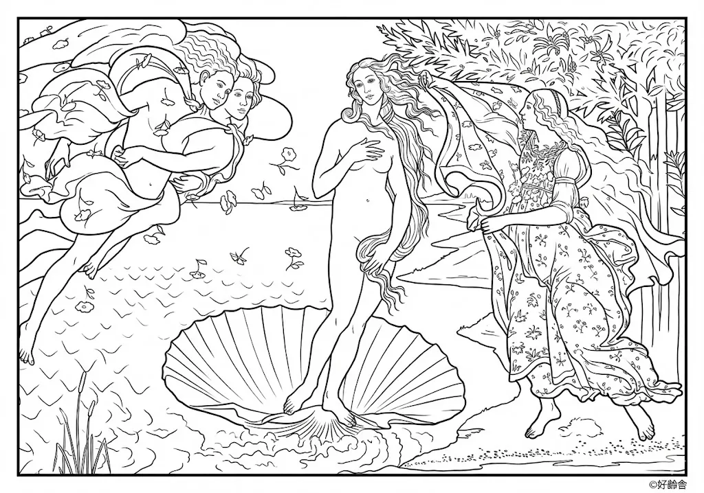 高齢者向け無料塗り絵:世界の名画 ヴィーナスの誕生(ボッティチェッリ作)ルネサンスの優美な名作(脳トレ・A4印刷用)