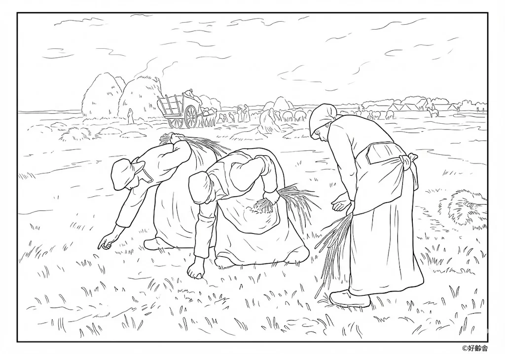 高齢者向け無料塗り絵：世界の名画 落穂拾い（ミレー作）農村の風景を描いた名作（脳トレ・A4印刷用）