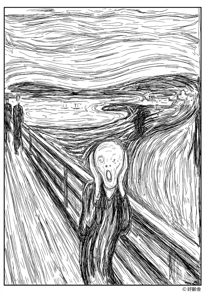 高齢者向け無料塗り絵：世界の名画 叫び（ムンク作）独特のタッチと色彩の表現主義（脳トレ・A4印刷用）