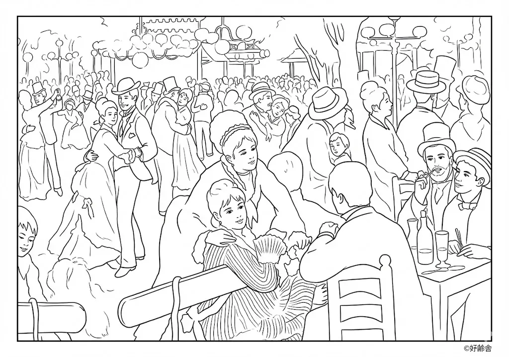 高齢者向け無料塗り絵：世界の名画 ムーラン・ド・ラ・ギャレット（ルノワール作）美しい光と影（脳トレ・A4印刷用）