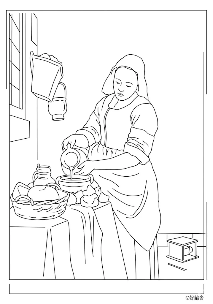 牛乳を注ぐ女の塗り絵の塗り絵（高齢者向け）