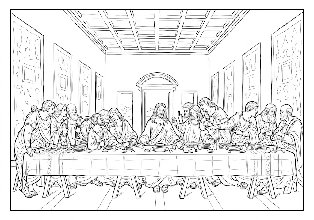 高齢者向け無料塗り絵:最後の晩餐(A4印刷用・脳トレ介護レク)