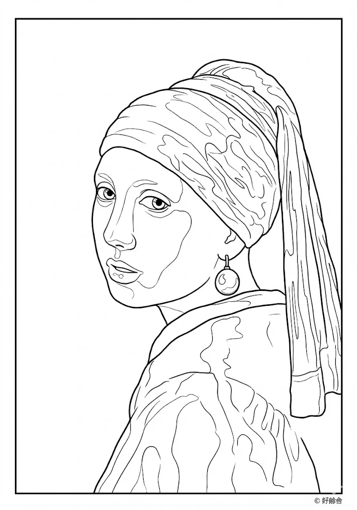 高齢者向け無料塗り絵：世界の名画 真珠の耳飾りの少女（フェルメール作）「北のモナ・リザ」と呼ばれる名肖像画（脳トレ・A4印刷用）