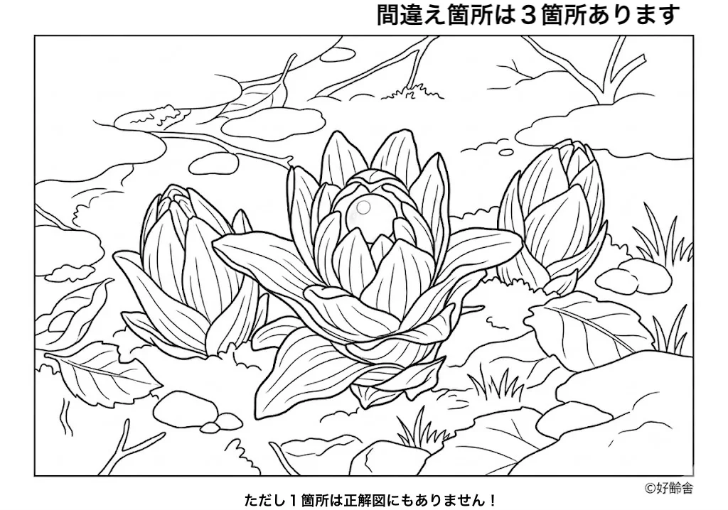 高齢者向け無料間違え探し塗り絵：ふきのとう（A4印刷用・脳トレ介護レク）