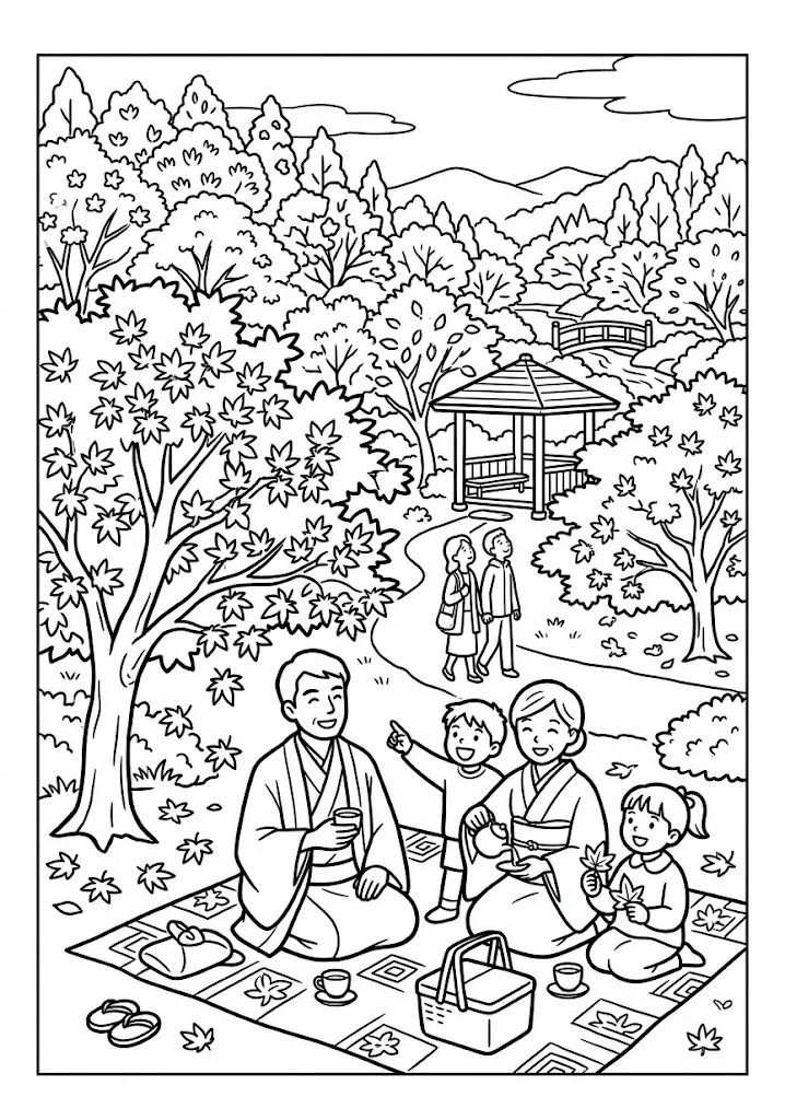 高齢者向け無料塗り絵：東屋のある庭園で、三世代がもみじを愛でながら過ごす紅葉狩り、紅葉狩り（脳トレ・A4印刷用）