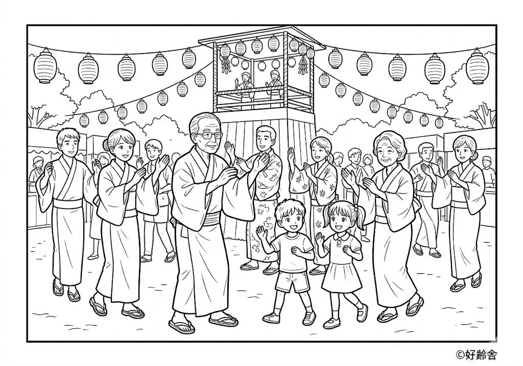 高齢者向け無料塗り絵：浴衣姿で盆踊りの輪に加わり、みんなで夏の夜を楽しむ風景（脳トレ・A4印刷用）