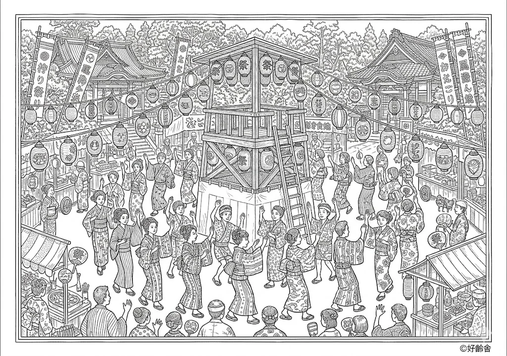 高齢者向け無料塗り絵：提灯の灯りに照らされながら、盆踊りの情景を繊細に描いた夏の風景（脳トレ・A4印刷用）