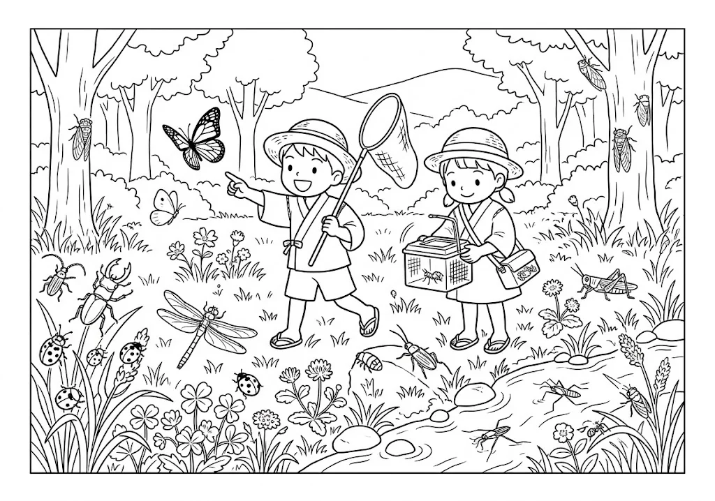 高齢者向け無料塗り絵：甚平姿の子どもたちが林でセミやトンボを追いかける、夏休みの虫取り（脳トレ・A4印刷用）