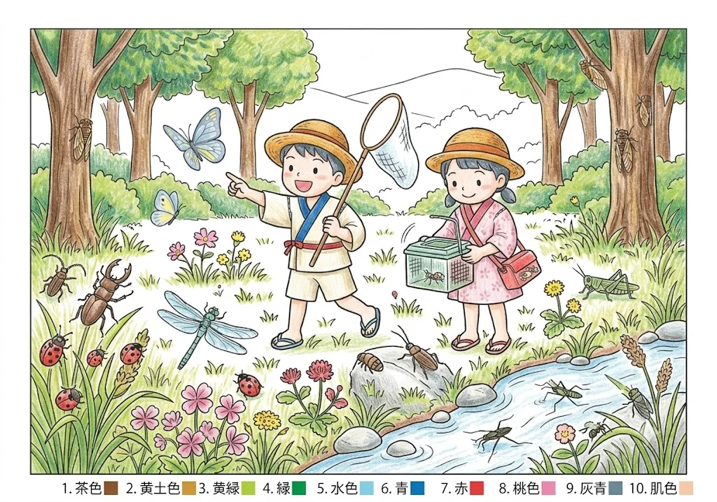 虫取りの塗り絵 完成見本（彩色の見本）