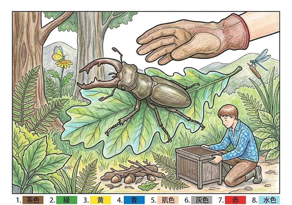虫取りの塗り絵 完成見本（彩色の見本）