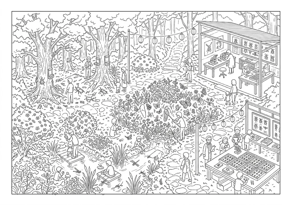 高齢者向け無料塗り絵：昆虫の展示コーナーがある林を散策する、夏休みの虫取りイベント（脳トレ・A4印刷用）