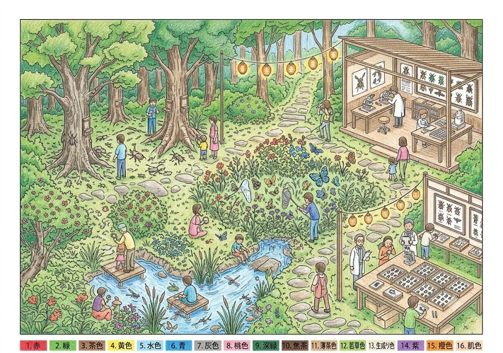 虫取りの塗り絵 完成見本（彩色の見本）