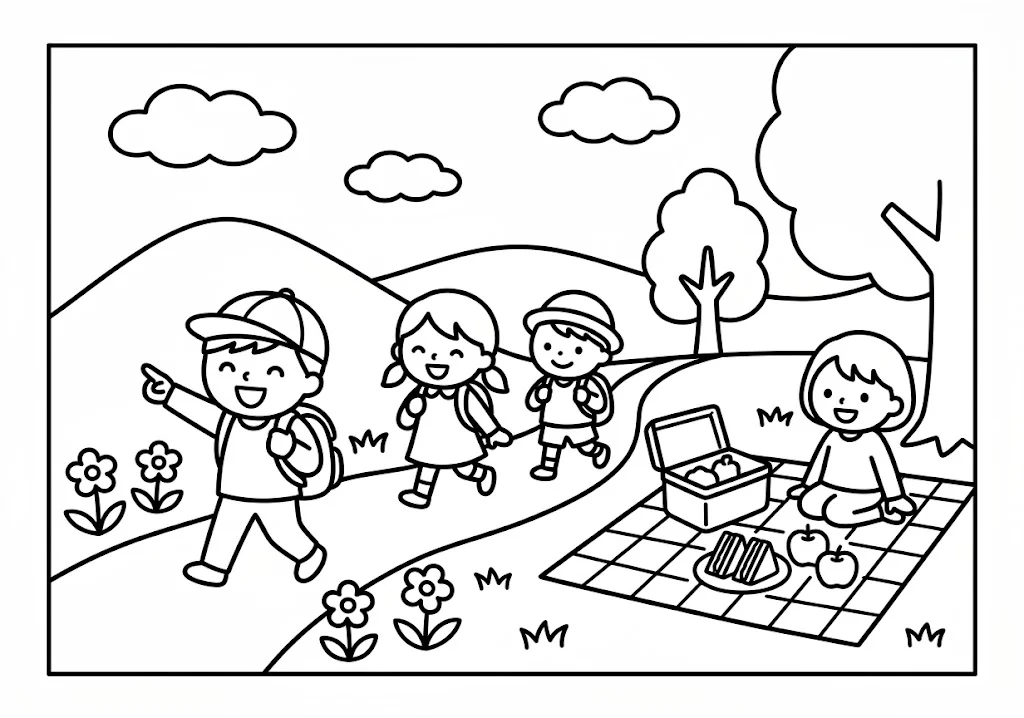 高齢者向け無料塗り絵：遠足 (1)の下絵（A4印刷用・脳トレ介護レク）