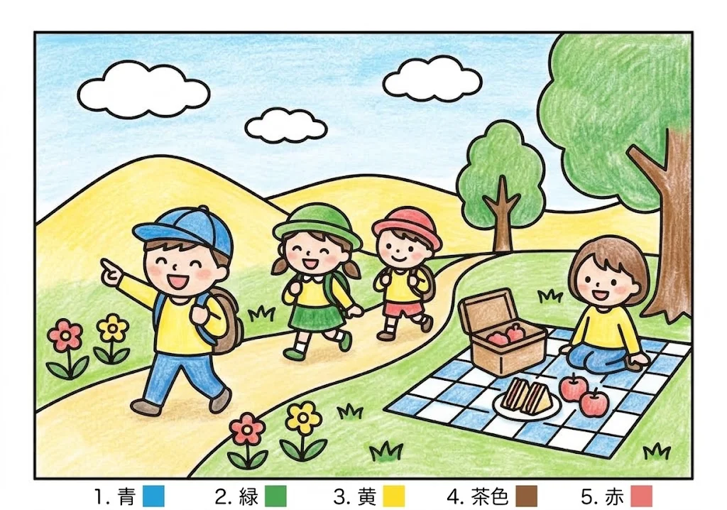 遠足 (1)の下絵の塗り絵 完成見本（カラーサンプル・高齢者レク用）