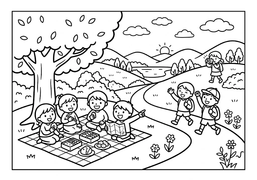 高齢者向け無料塗り絵：遠足 (2)の下絵（A4印刷用・脳トレ介護レク）