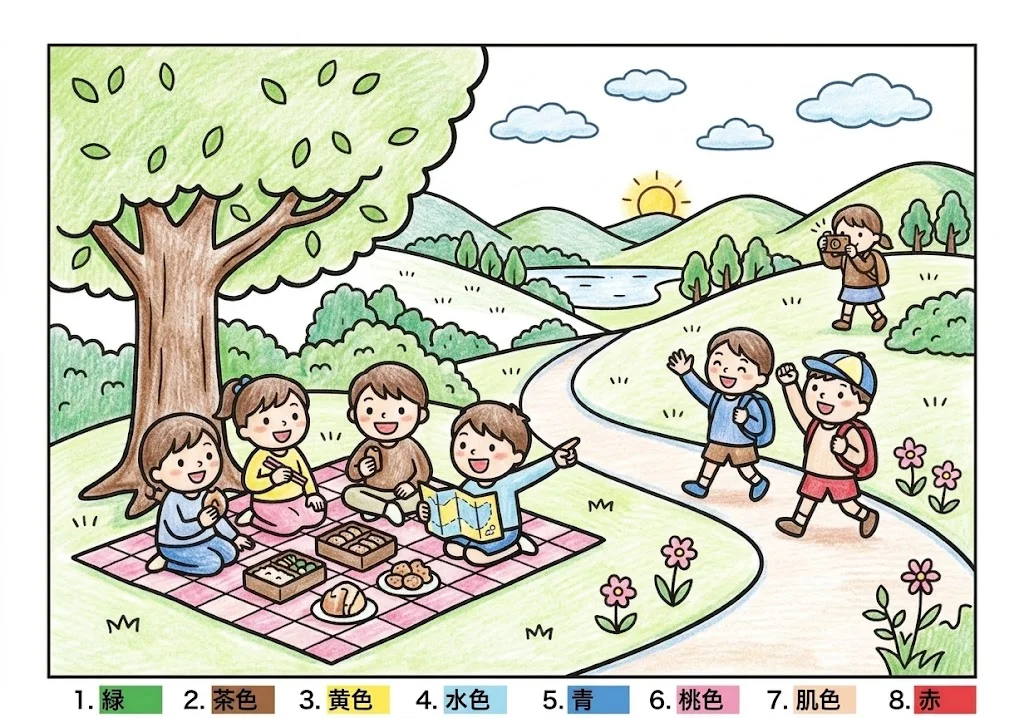 遠足 (2)の下絵の塗り絵 完成見本（カラーサンプル・高齢者レク用）