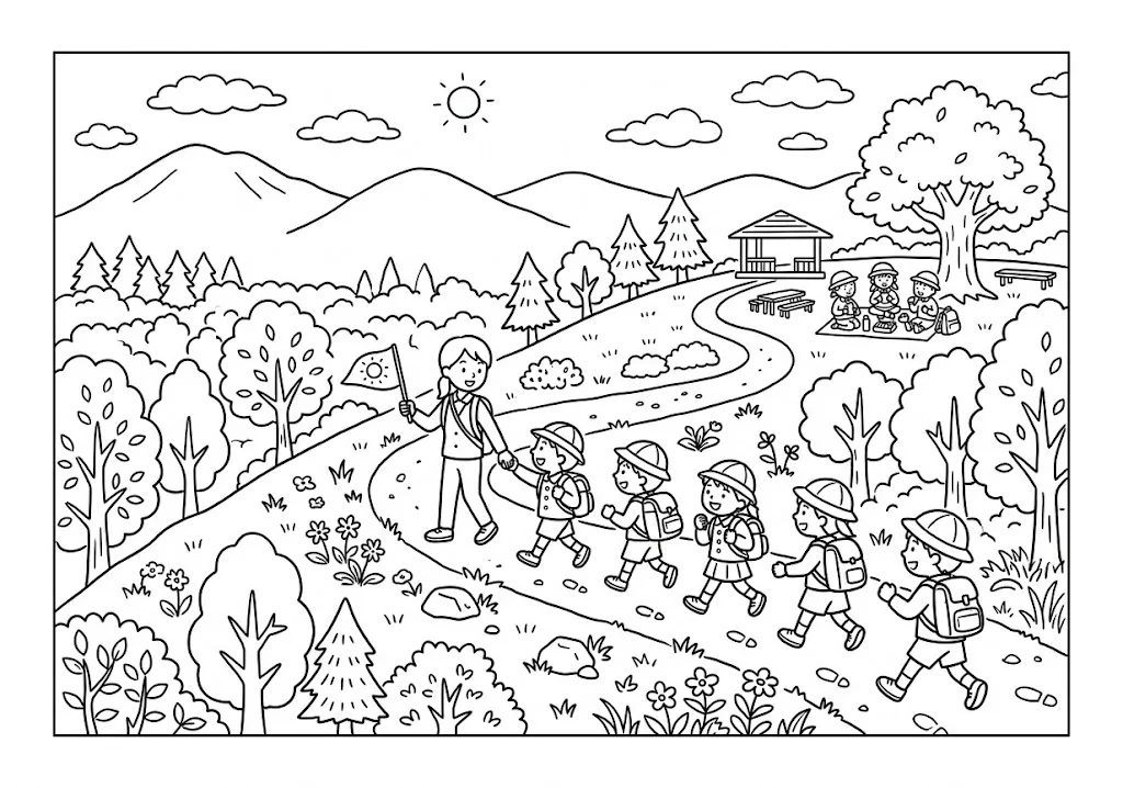 高齢者向け無料塗り絵：遠足 (3)の下絵（A4印刷用・脳トレ介護レク）
