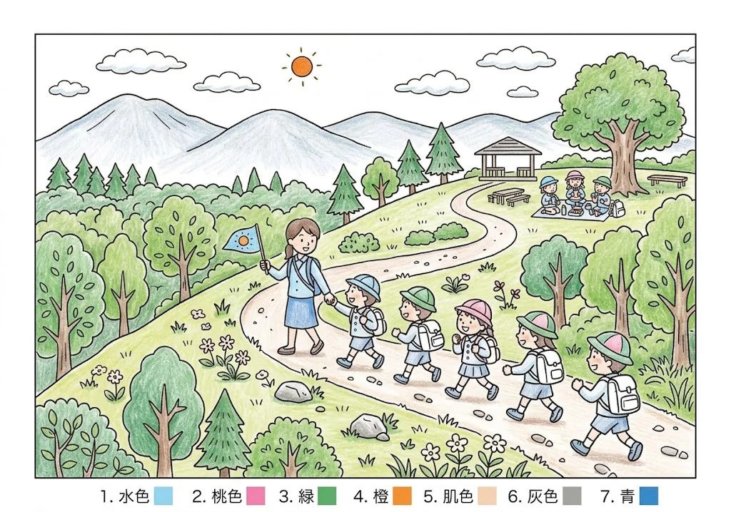 遠足 (3)の下絵の塗り絵 完成見本（カラーサンプル・高齢者レク用）