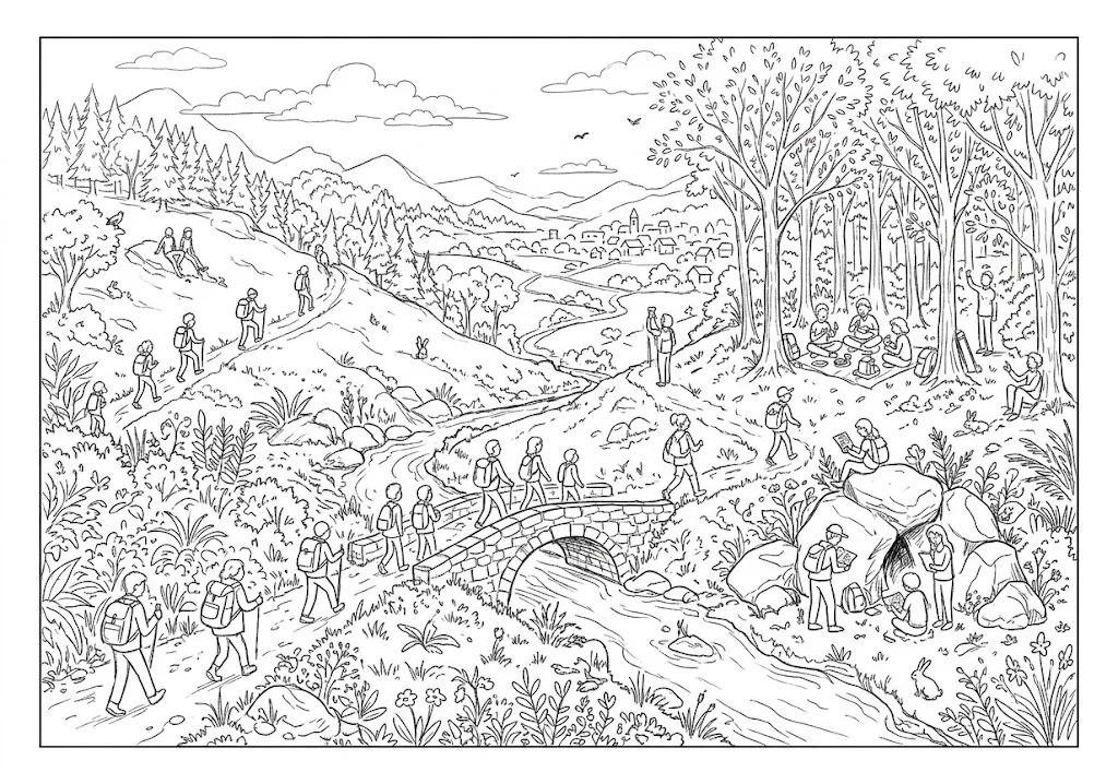 高齢者向け無料塗り絵：遠足 (4)の下絵（A4印刷用・脳トレ介護レク）