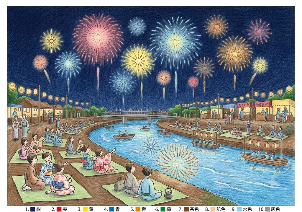花火大会の塗り絵 完成見本（彩色の見本）