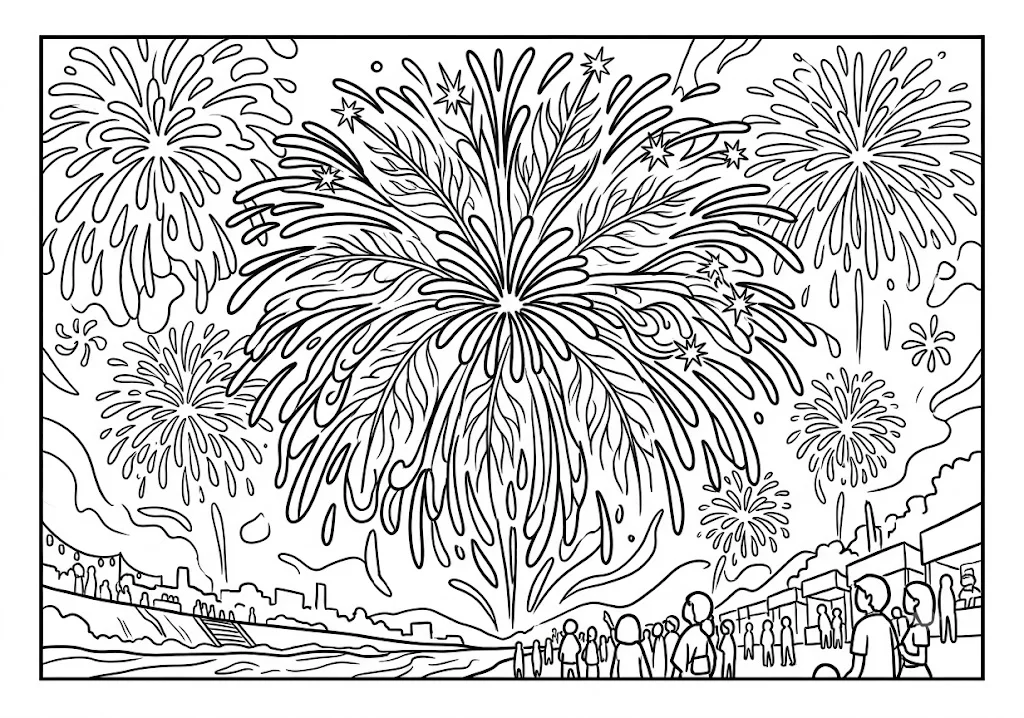 高齢者向け無料塗り絵：夜空いっぱいに広がる大輪の花火を描いた、迫力満点の花火大会（脳トレ・A4印刷用）