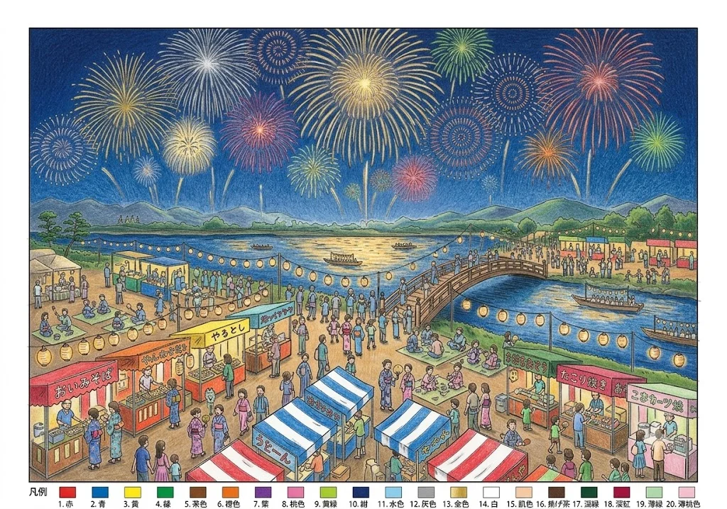 花火大会の塗り絵 完成見本（彩色の見本）
