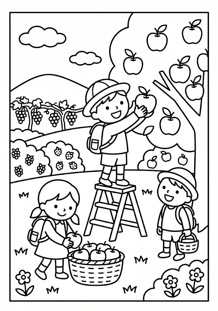 高齢者向け無料塗り絵：果物狩り (1)の下絵（A4印刷用・脳トレ介護レク）