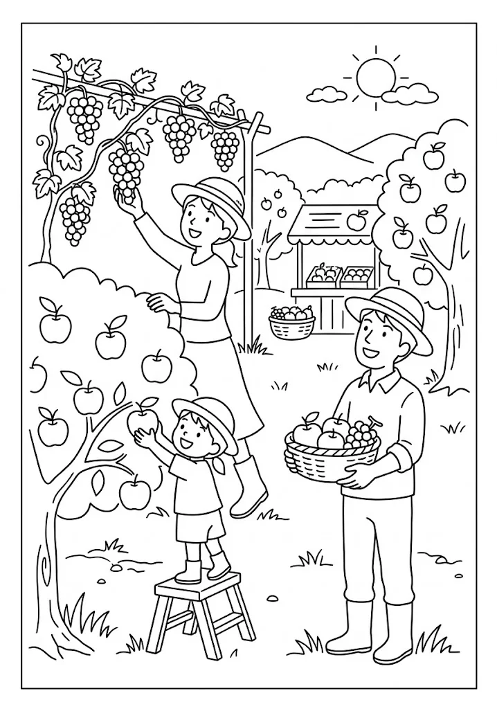 高齢者向け無料塗り絵：果物狩り (2)の下絵（A4印刷用・脳トレ介護レク）