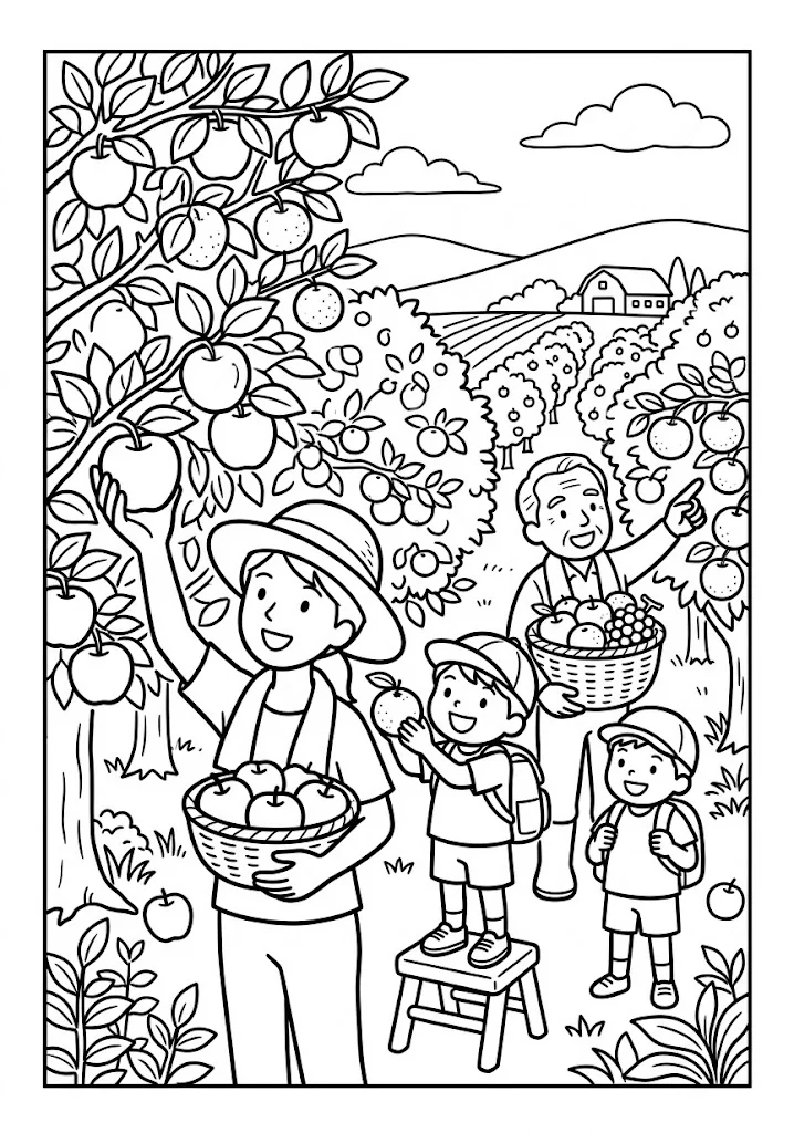 高齢者向け無料塗り絵：果物狩り (3)の下絵（A4印刷用・脳トレ介護レク）