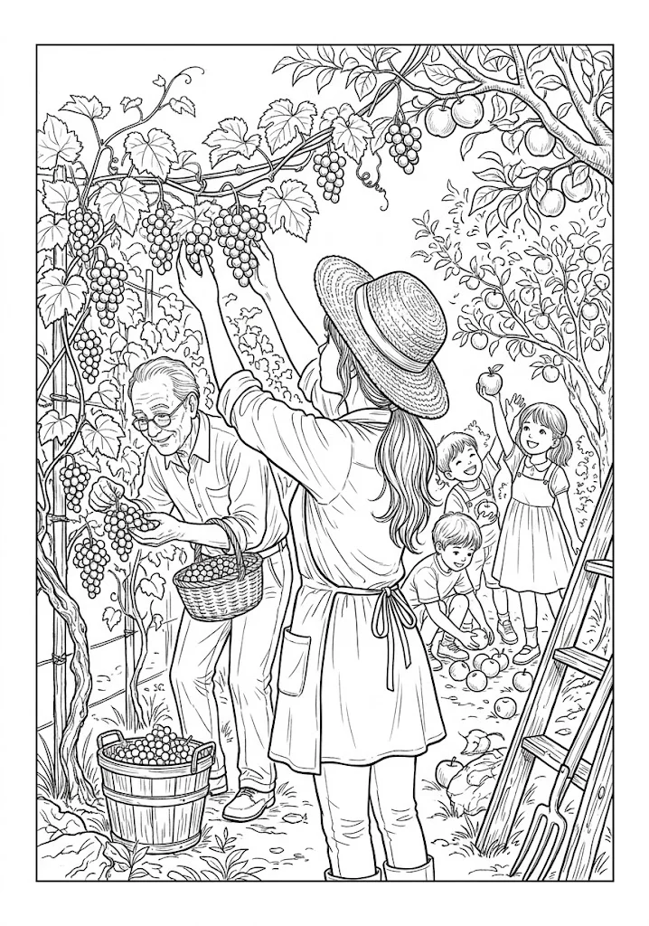 高齢者向け無料塗り絵：果物狩り (4)の下絵（A4印刷用・脳トレ介護レク）
