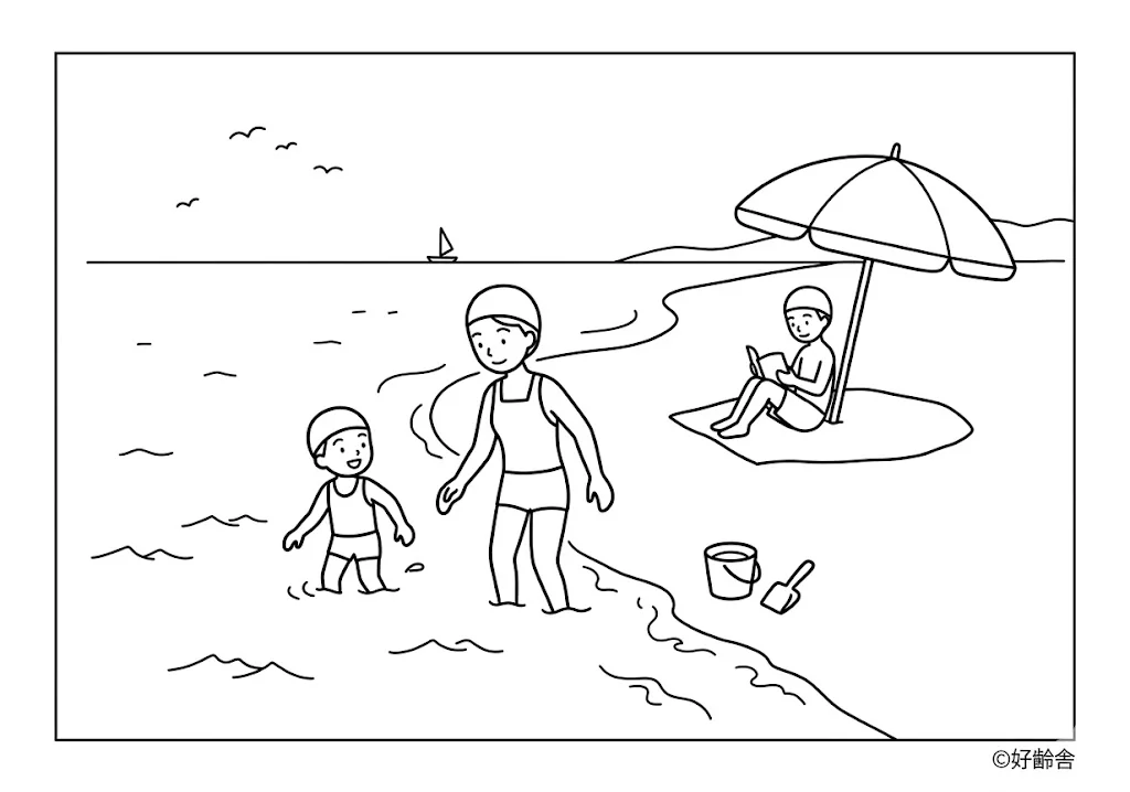 高齢者向け無料塗り絵：青い空の下、浮き輪を持って元気いっぱいに海へ飛び出す子供たち（脳トレ・A4印刷用）
