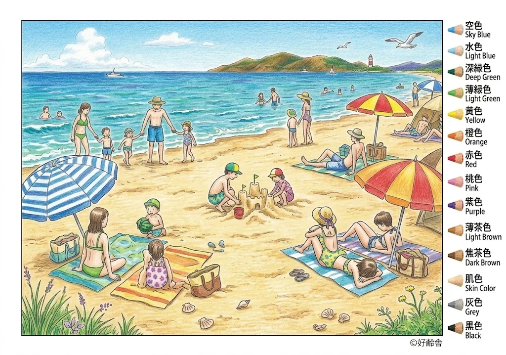 海水浴の塗り絵 完成見本（彩色の見本）