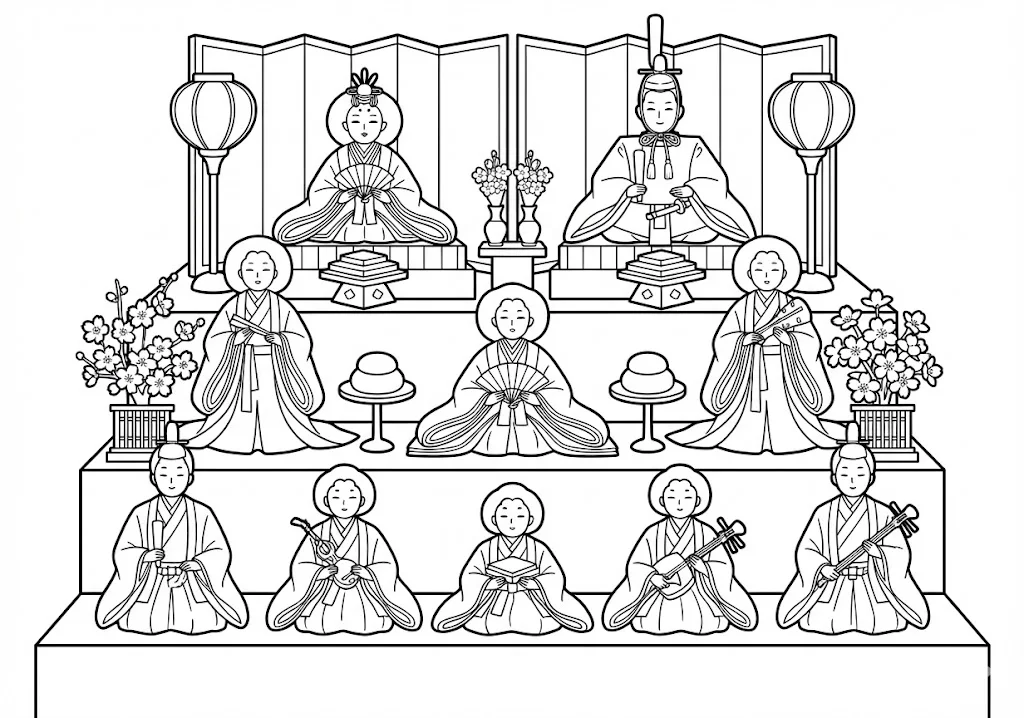 高齢者向け無料塗り絵：女の子の健やかな成長を願う、華やかなひな祭りの雛人形（脳トレ・A4印刷用）