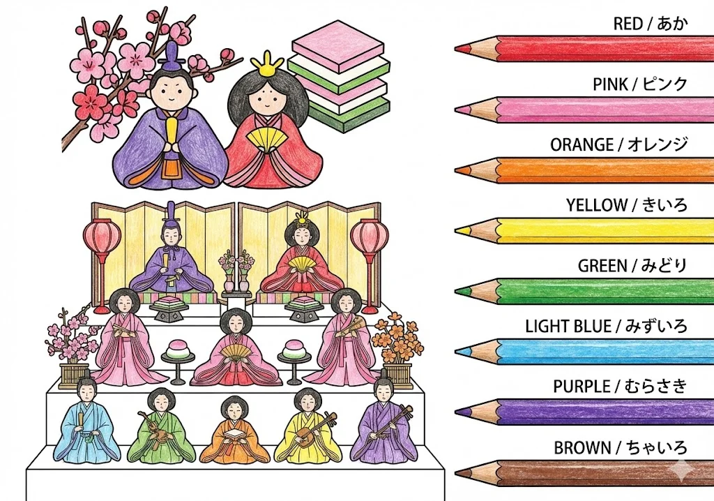 ひな祭りの塗り絵 完成見本（彩色の見本）