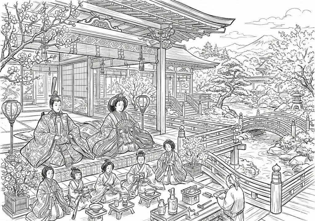 高齢者向け無料塗り絵：女の子の健やかな成長を願う、華やかなひな祭りの雛人形（脳トレ・A4印刷用）