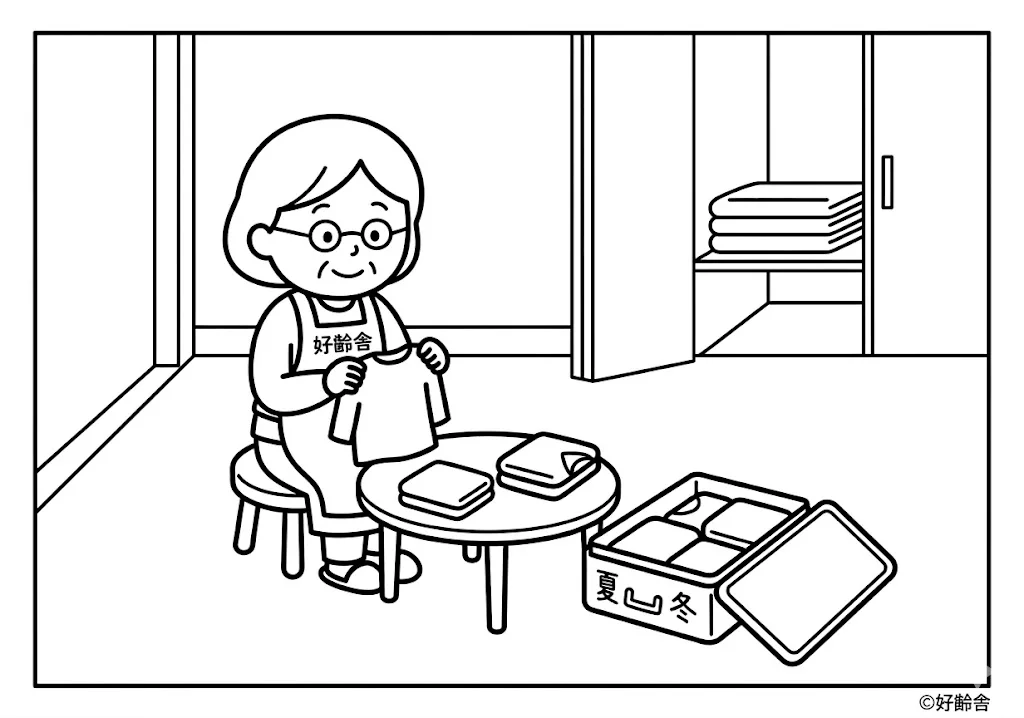 高齢者向け無料塗り絵：季節の移り変わりを感じる、衣替えの風景（脳トレ・A4印刷用）