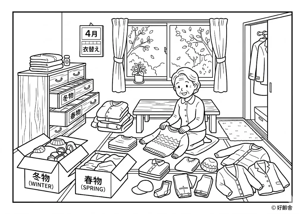 高齢者向け無料塗り絵：季節の移り変わりを感じる、衣替えの風景（脳トレ・A4印刷用）