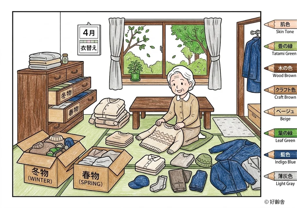 衣替えの塗り絵 完成見本（彩色の見本）