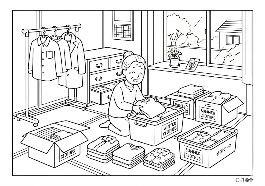 高齢者向け無料塗り絵：季節の移り変わりを感じる、衣替えの風景（脳トレ・A4印刷用）