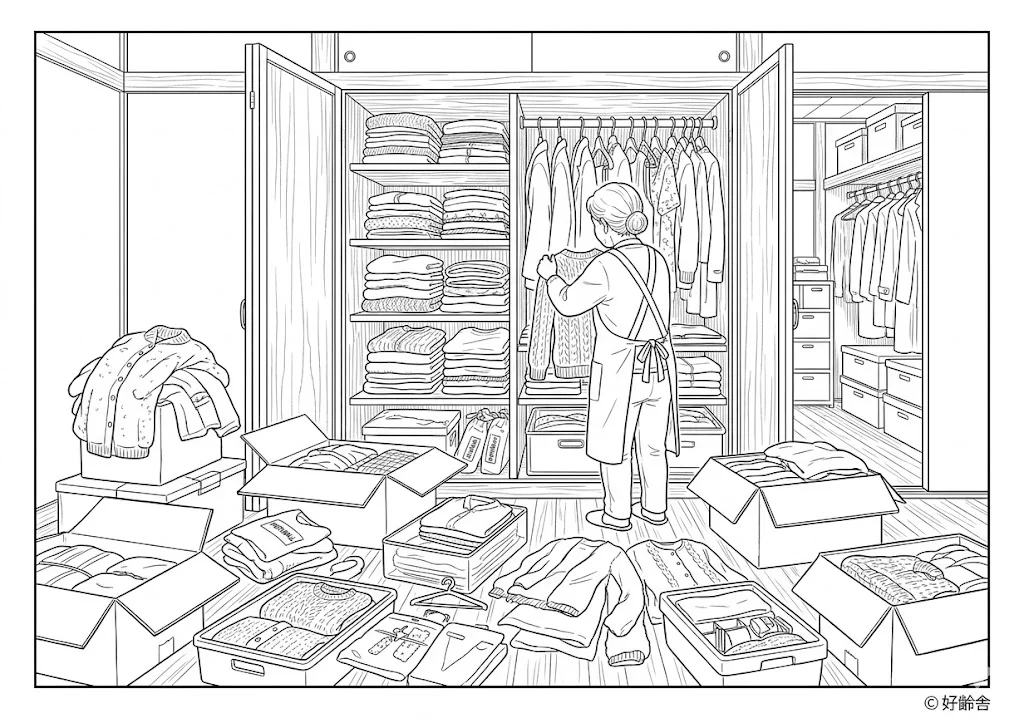 高齢者向け無料塗り絵：季節の移り変わりを感じる、衣替えの風景（脳トレ・A4印刷用）