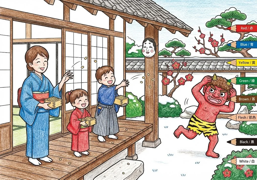 豆まきの塗り絵 完成見本（彩色の見本）