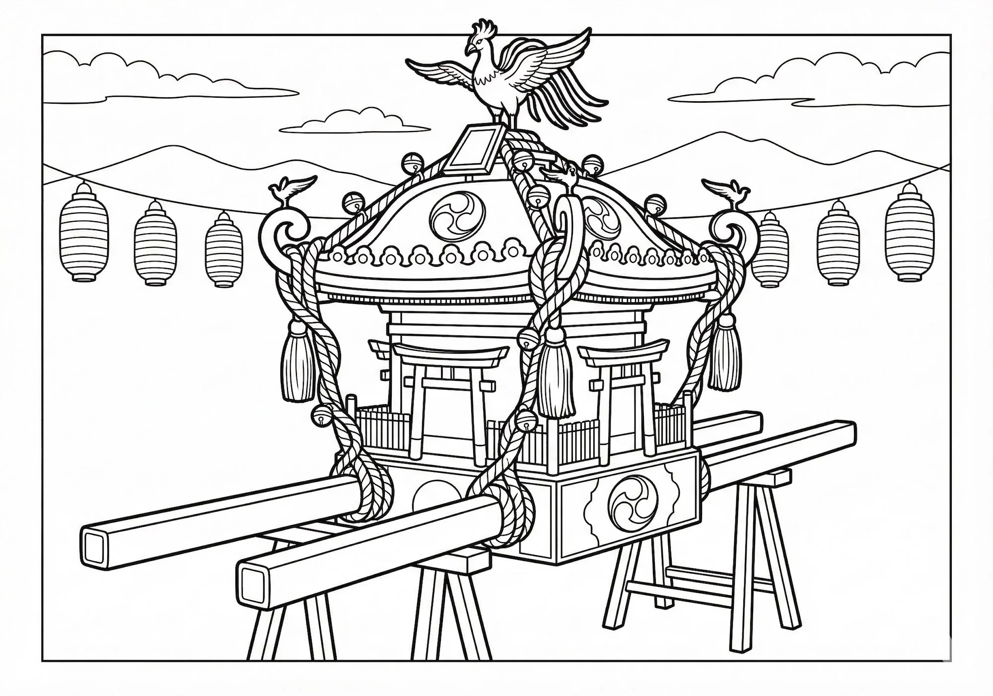 高齢者向け無料塗り絵：威勢の良い掛け声が聞こえてきそうな、お祭りの主役・お神輿（脳トレ・A4印刷用）