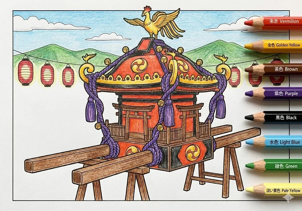 お神輿の塗り絵 完成見本（彩色の見本）