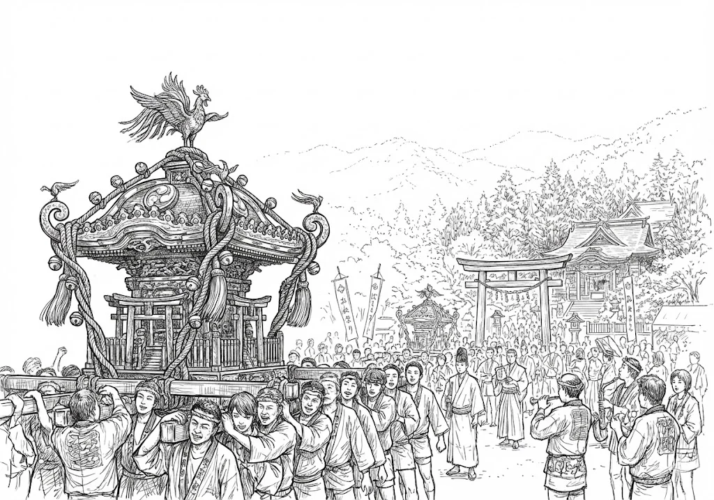 高齢者向け無料塗り絵：威勢の良い掛け声が聞こえてきそうな、お祭りの主役・お神輿（脳トレ・A4印刷用）