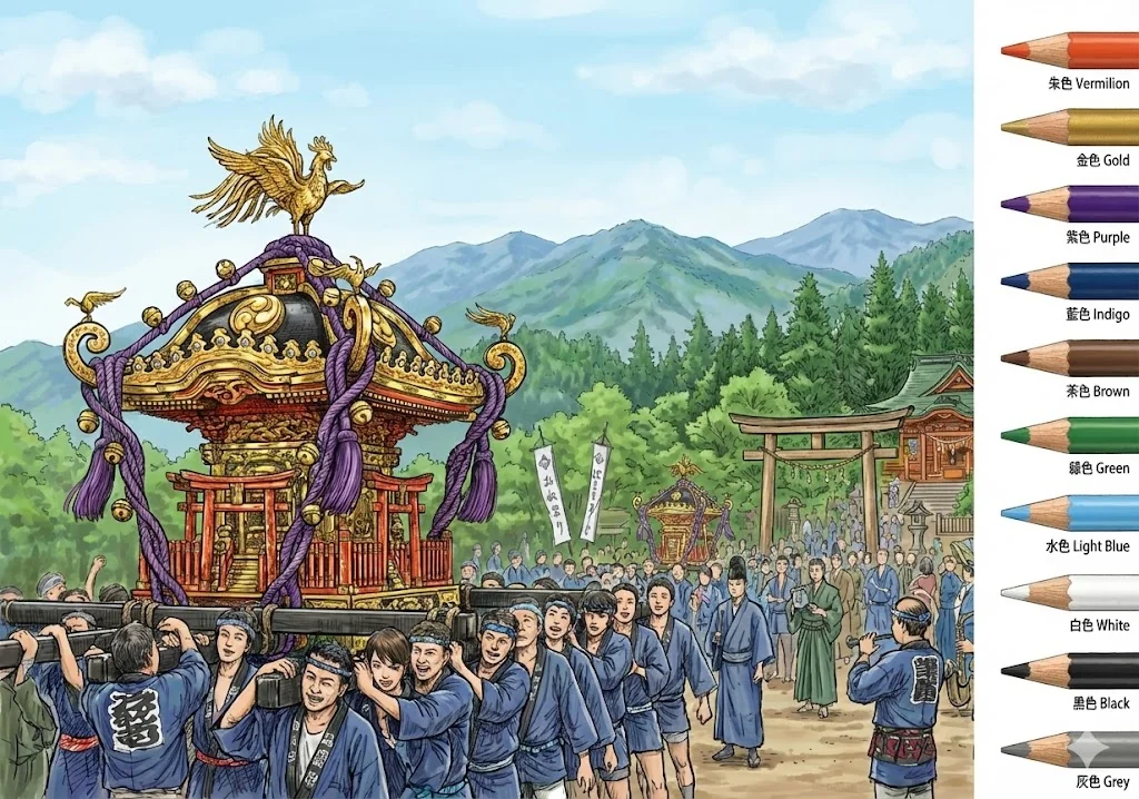お神輿の塗り絵 完成見本（彩色の見本）