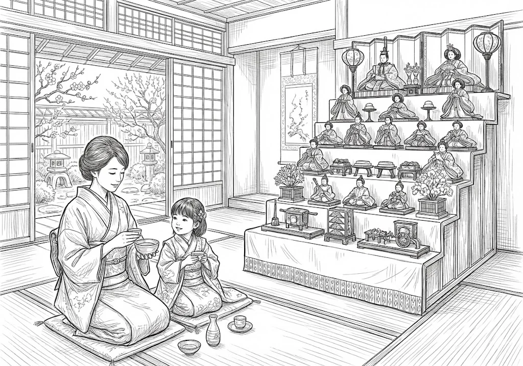 高齢者向け無料塗り絵：春の訪れを感じる、美しい桃の花とひな飾り（脳トレ・A4印刷用）