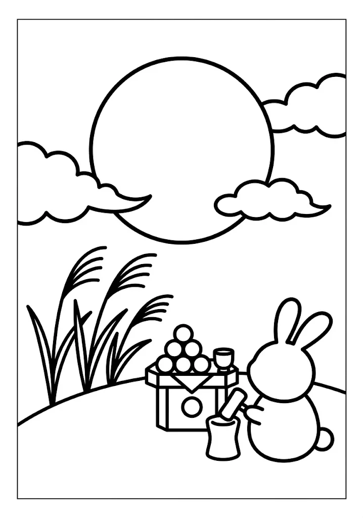 高齢者向け無料塗り絵：お月見網とビンを持ってクワガタや蝶を探す、夏休みのお月見（A4印刷用・脳トレ介護レク）