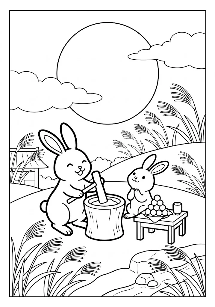 高齢者向け無料塗り絵：満月の下、うさぎたちが臼と杵でお餅つきをする、のどかなお月見、お月見（脳トレ・A4印刷用）